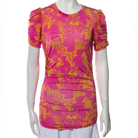 TANYA TAYLOR Chaia Floral Ruched Stretchy Top Pink Yellow Ikat Flower Size 0X - Picture 3 of 9